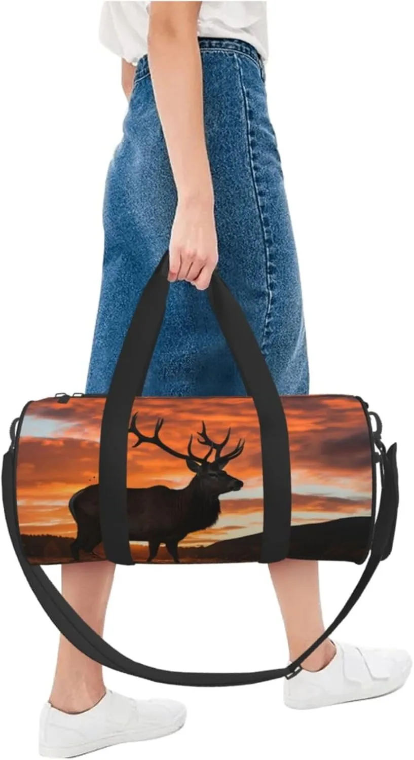 Sports Gym Bag for Women Men Travel Duffel Bag Tote Weekender Bag Carry on Overnight Bag for Travel Swimming Fitness Workout Sports Red Deer Bull Elk Sunset Duffle Bag