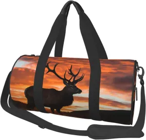 Sports Gym Bag for Women Men Travel Duffel Bag Tote Weekender Bag Carry on Overnight Bag for Travel Swimming Fitness Workout Sports Red Deer Bull Elk Sunset Duffle Bag