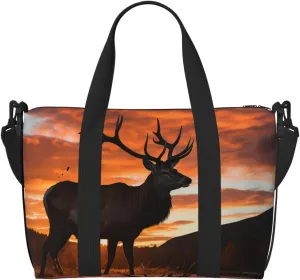 Sports Gym Bag for Women Men Travel Duffel Bag Tote Weekender Bag Carry on Overnight Bag for Travel Swimming Fitness Workout Sports Red Deer Bull Elk Sunset Duffle Bag