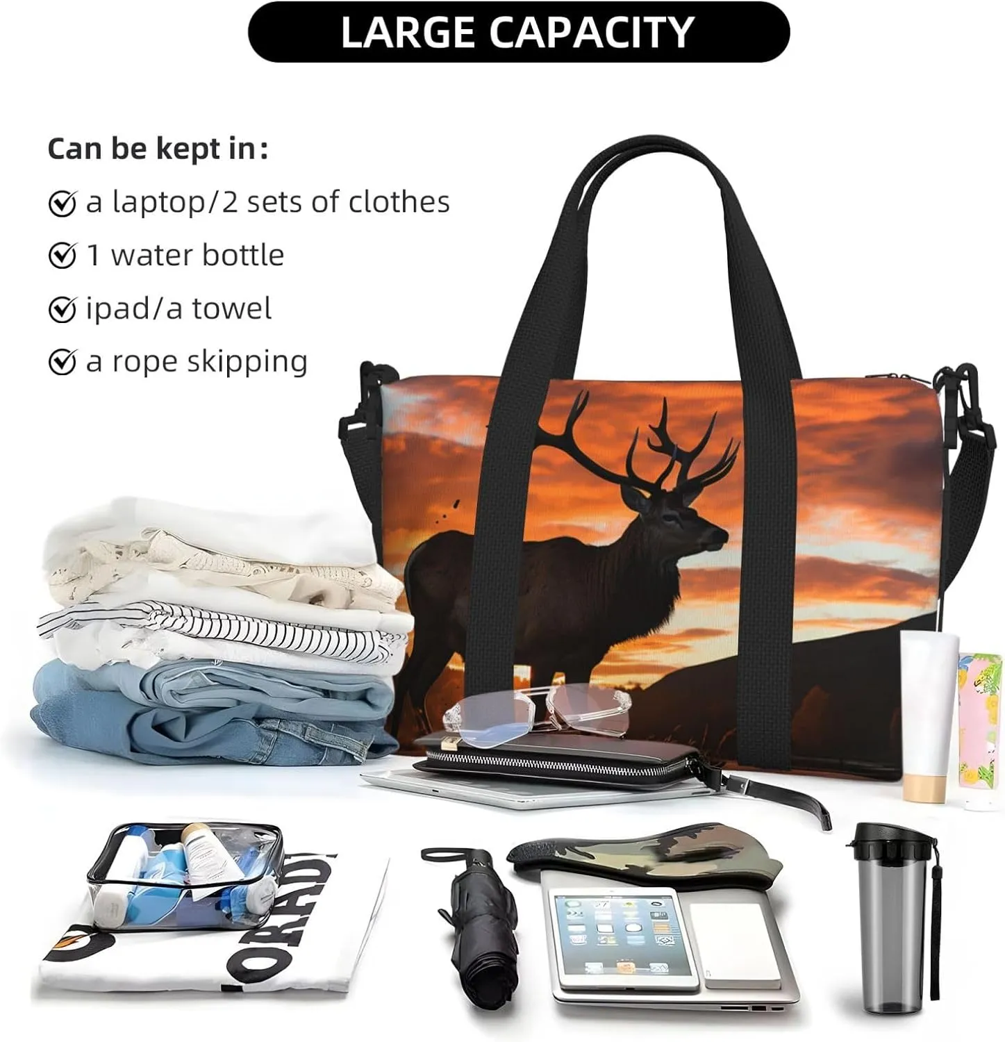 Sports Gym Bag for Women Men Travel Duffel Bag Tote Weekender Bag Carry on Overnight Bag for Travel Swimming Fitness Workout Sports Red Deer Bull Elk Sunset Duffle Bag