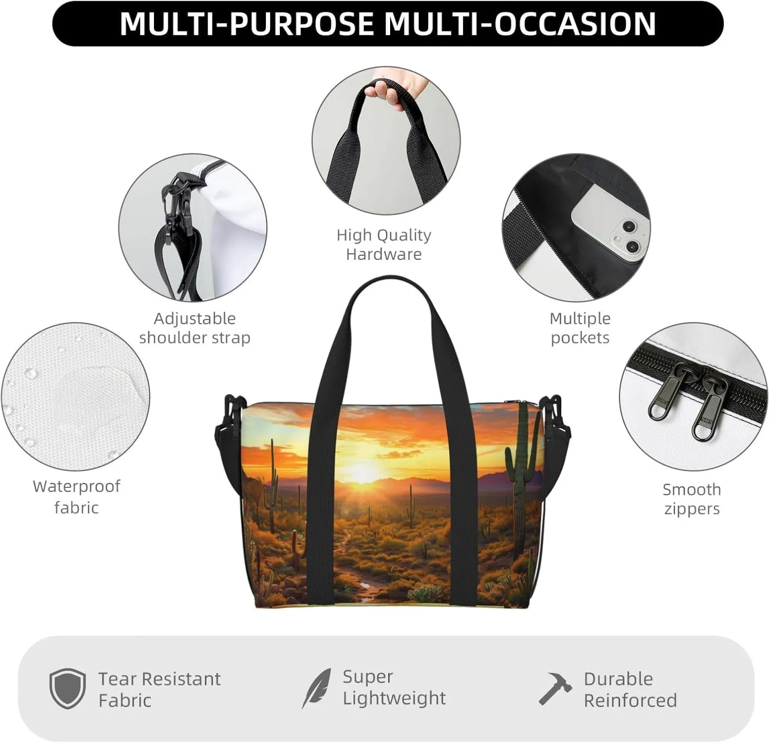 Sports Gym Bag for Women Men Travel Duffel Bag Tote Weekender Bag Carry on Overnight Bag for Travel Swimming Fitness Workout Sports Saguaros at Sunset Duffle Bag