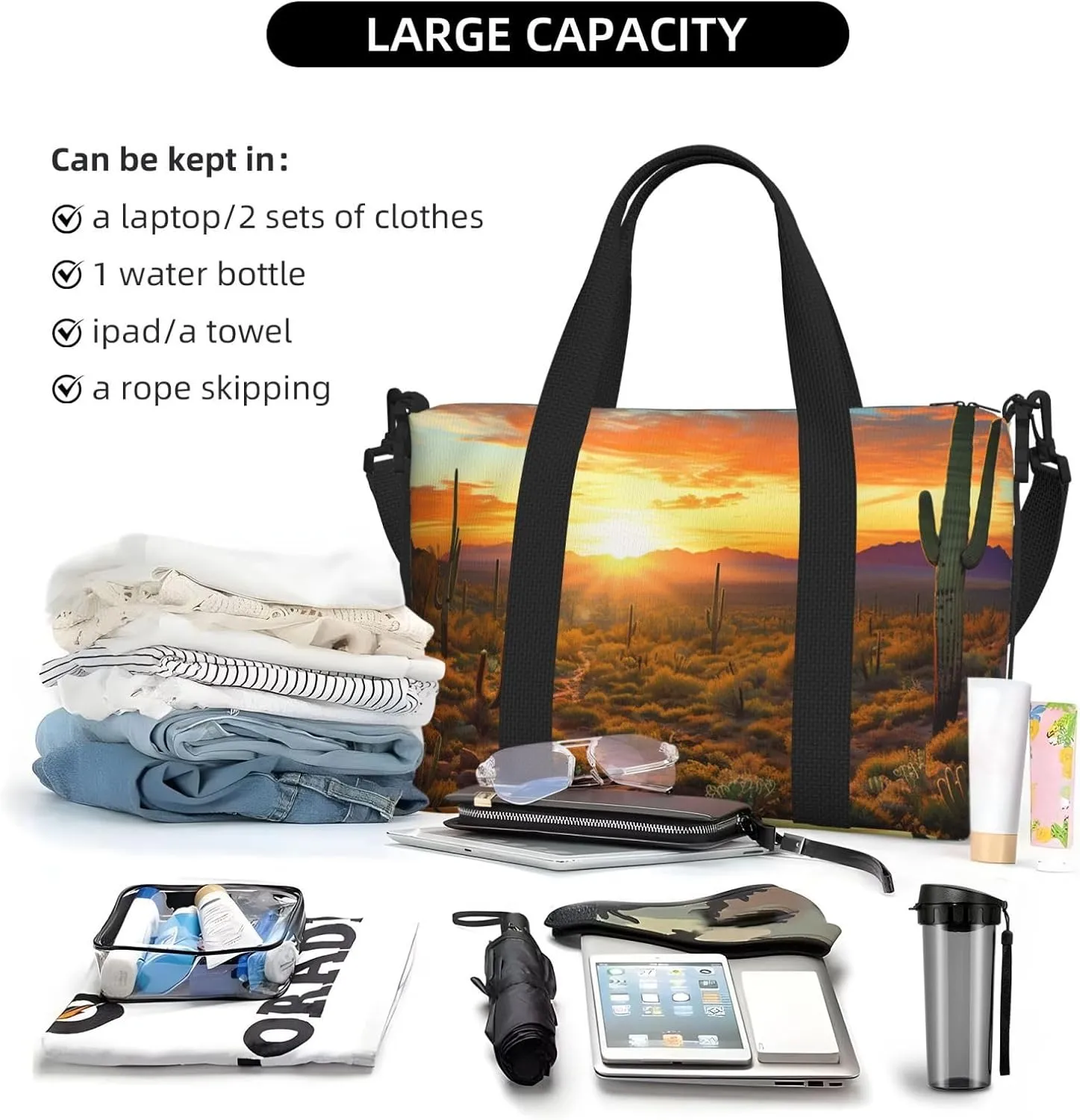 Sports Gym Bag for Women Men Travel Duffel Bag Tote Weekender Bag Carry on Overnight Bag for Travel Swimming Fitness Workout Sports Saguaros at Sunset Duffle Bag