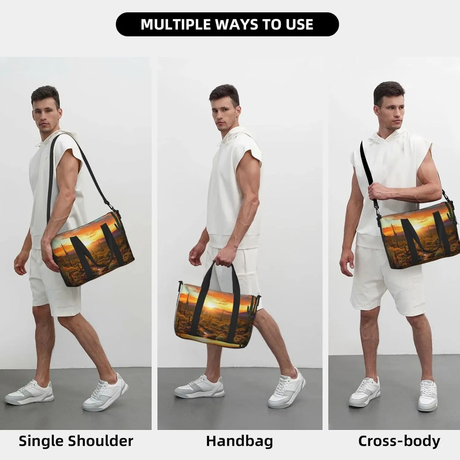 Sports Gym Bag for Women Men Travel Duffel Bag Tote Weekender Bag Carry on Overnight Bag for Travel Swimming Fitness Workout Sports Saguaros at Sunset Duffle Bag