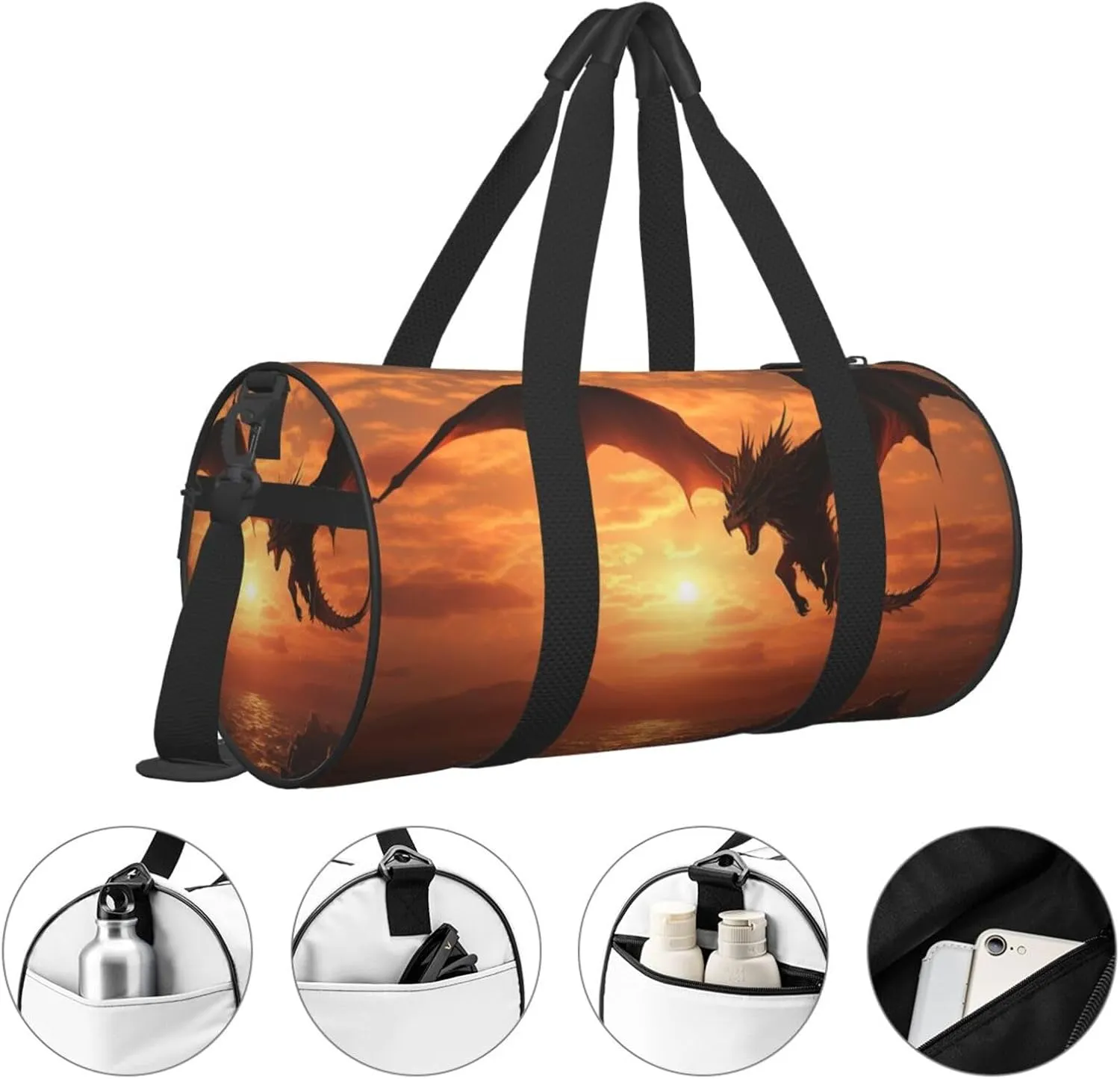 Sports Gym Bag for Women Men Travel Duffel Bag Tote Weekender Bag Carry on Overnight Bag for Travel Swimming Fitness Workout Sports Sea Sunset Flying Dragon Duffle Bag