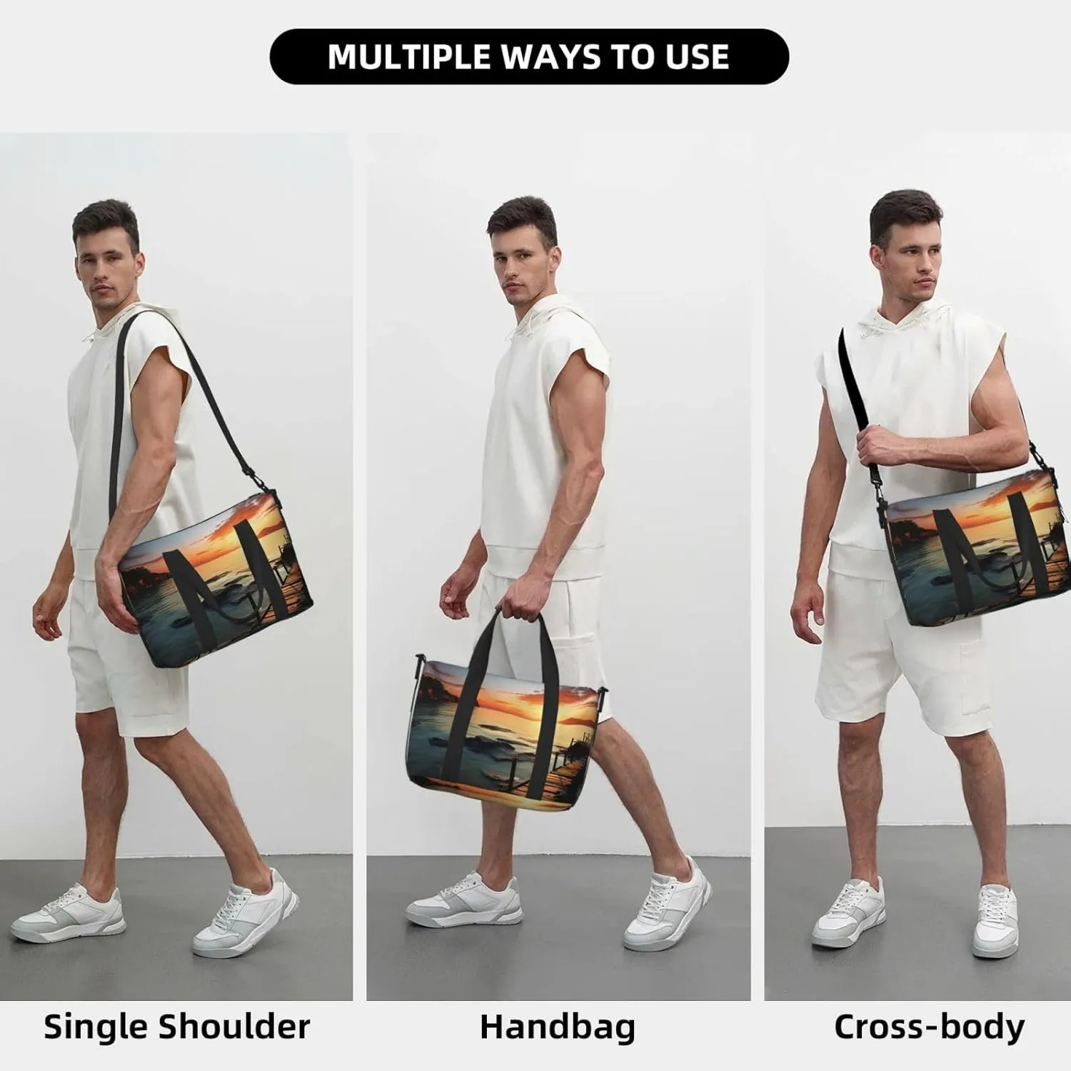 Sports Gym Bag for Women Men Travel Duffel Bag Tote Weekender Bag Carry on Overnight Bag for Travel Swimming Fitness Workout Sports Seascape Sunset Ocean Beach Duffle Bag