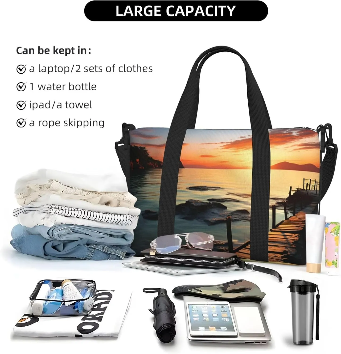 Sports Gym Bag for Women Men Travel Duffel Bag Tote Weekender Bag Carry on Overnight Bag for Travel Swimming Fitness Workout Sports Seascape Sunset Ocean Beach Duffle Bag