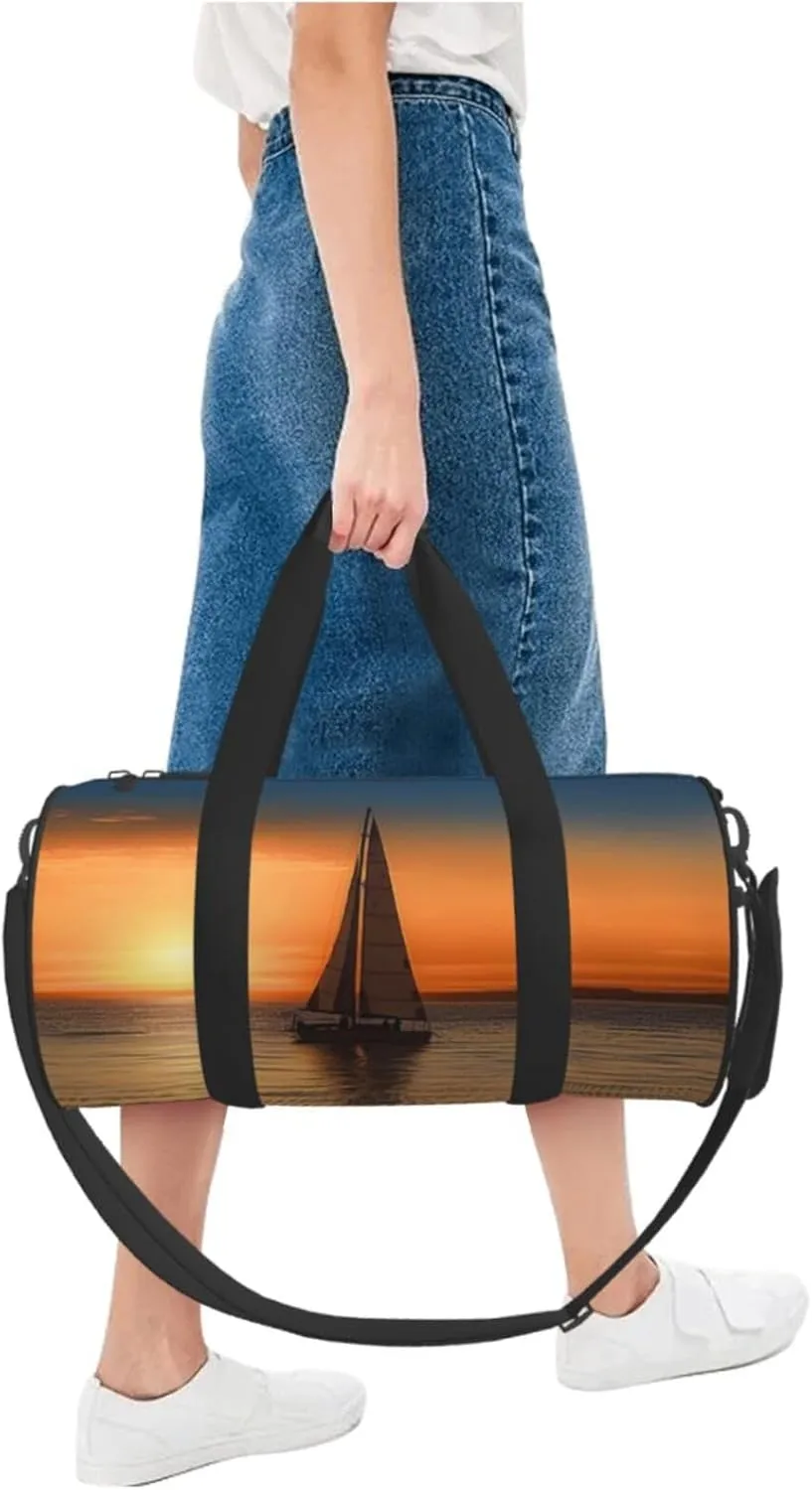 Sports Gym Bag for Women Men Travel Duffel Bag Tote Weekender Bag Carry on Overnight Bag for Travel Swimming Fitness Workout Sports Sunset Beach Sailboat Duffle Bag