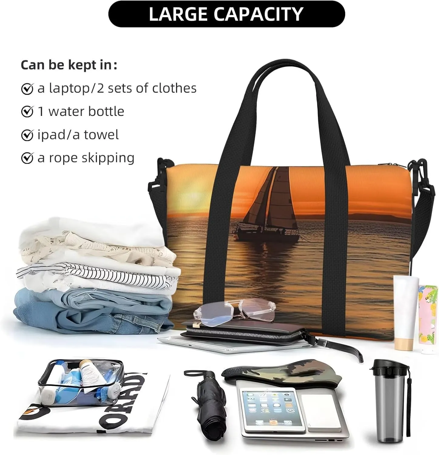 Sports Gym Bag for Women Men Travel Duffel Bag Tote Weekender Bag Carry on Overnight Bag for Travel Swimming Fitness Workout Sports Sunset Beach Sailboat Duffle Bag