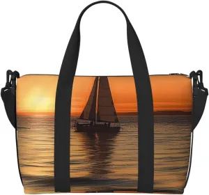 Sports Gym Bag for Women Men Travel Duffel Bag Tote Weekender Bag Carry on Overnight Bag for Travel Swimming Fitness Workout Sports Sunset Beach Sailboat Duffle Bag