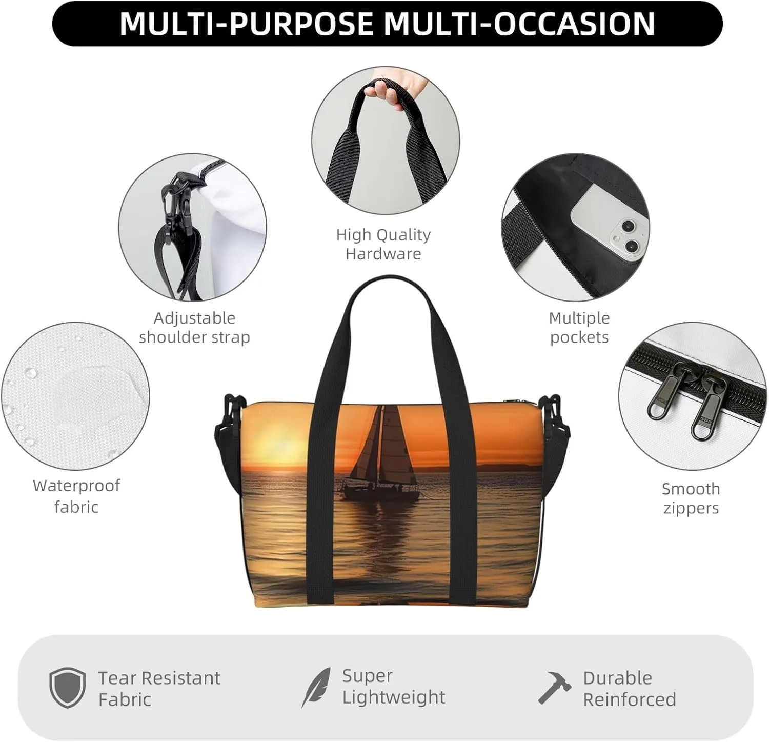 Sports Gym Bag for Women Men Travel Duffel Bag Tote Weekender Bag Carry on Overnight Bag for Travel Swimming Fitness Workout Sports Sunset Beach Sailboat Duffle Bag