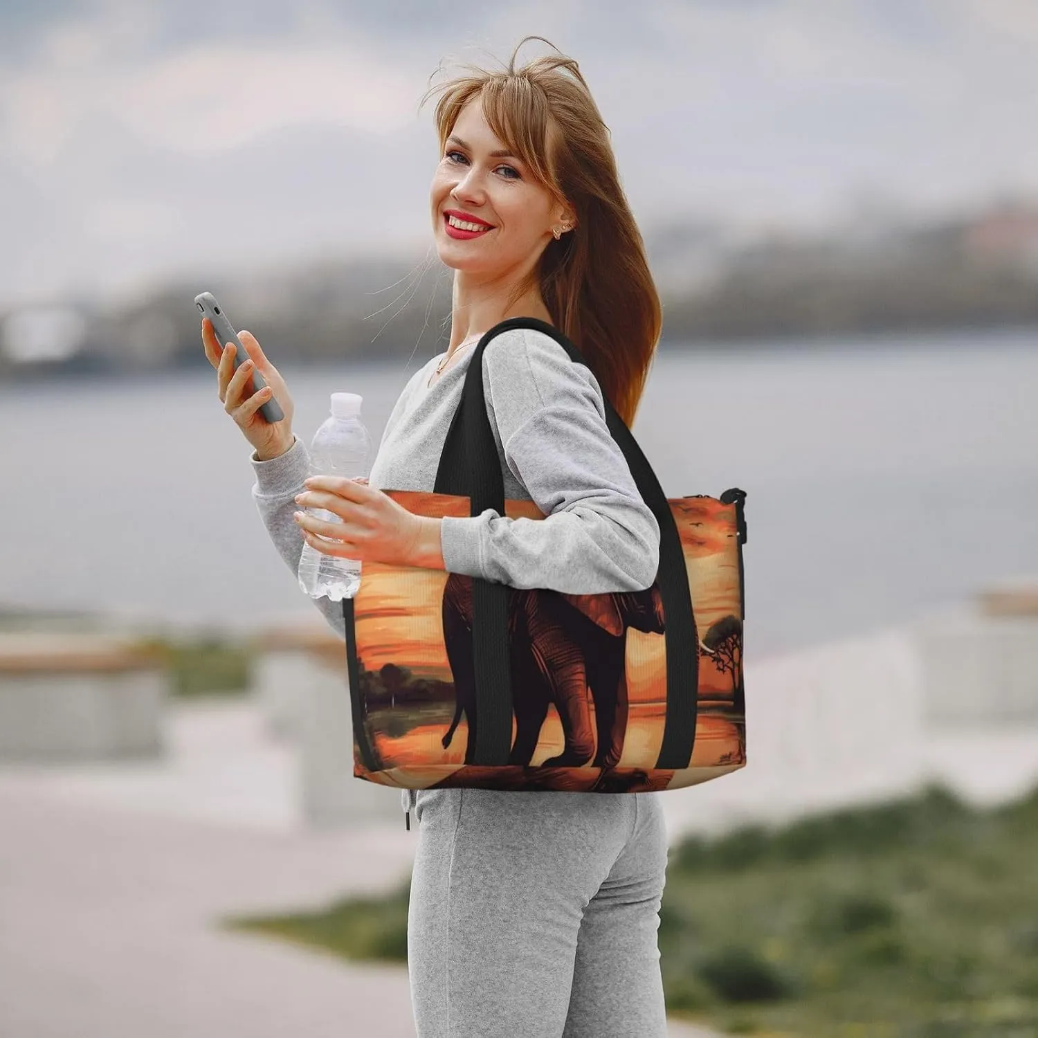 Sports Gym Bag for Women Men Travel Duffel Bag Tote Weekender Bag Carry on Overnight Bag for Travel Swimming Fitness Workout Sports Sunset elephant Duffle Bag