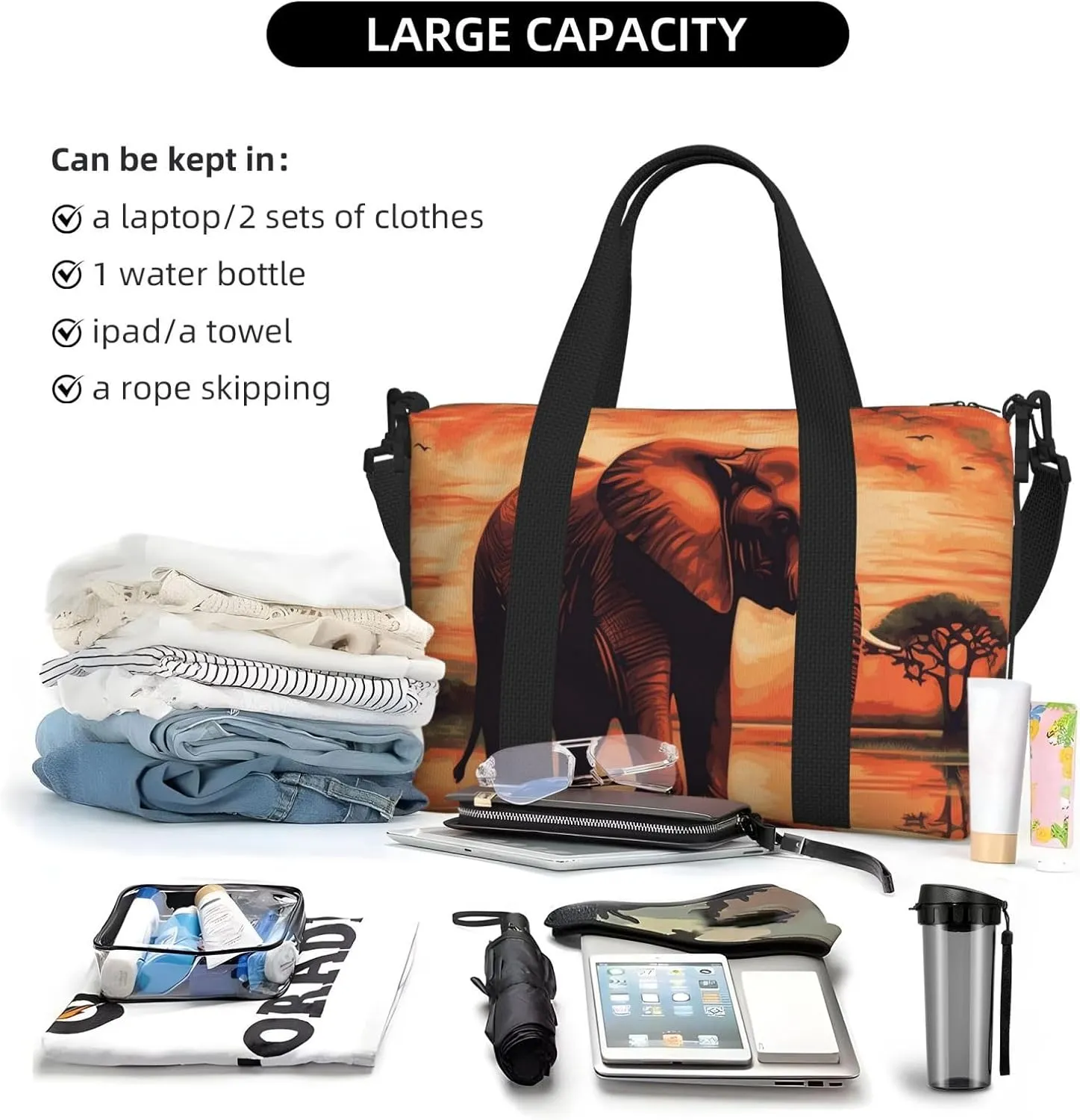 Sports Gym Bag for Women Men Travel Duffel Bag Tote Weekender Bag Carry on Overnight Bag for Travel Swimming Fitness Workout Sports Sunset elephant Duffle Bag