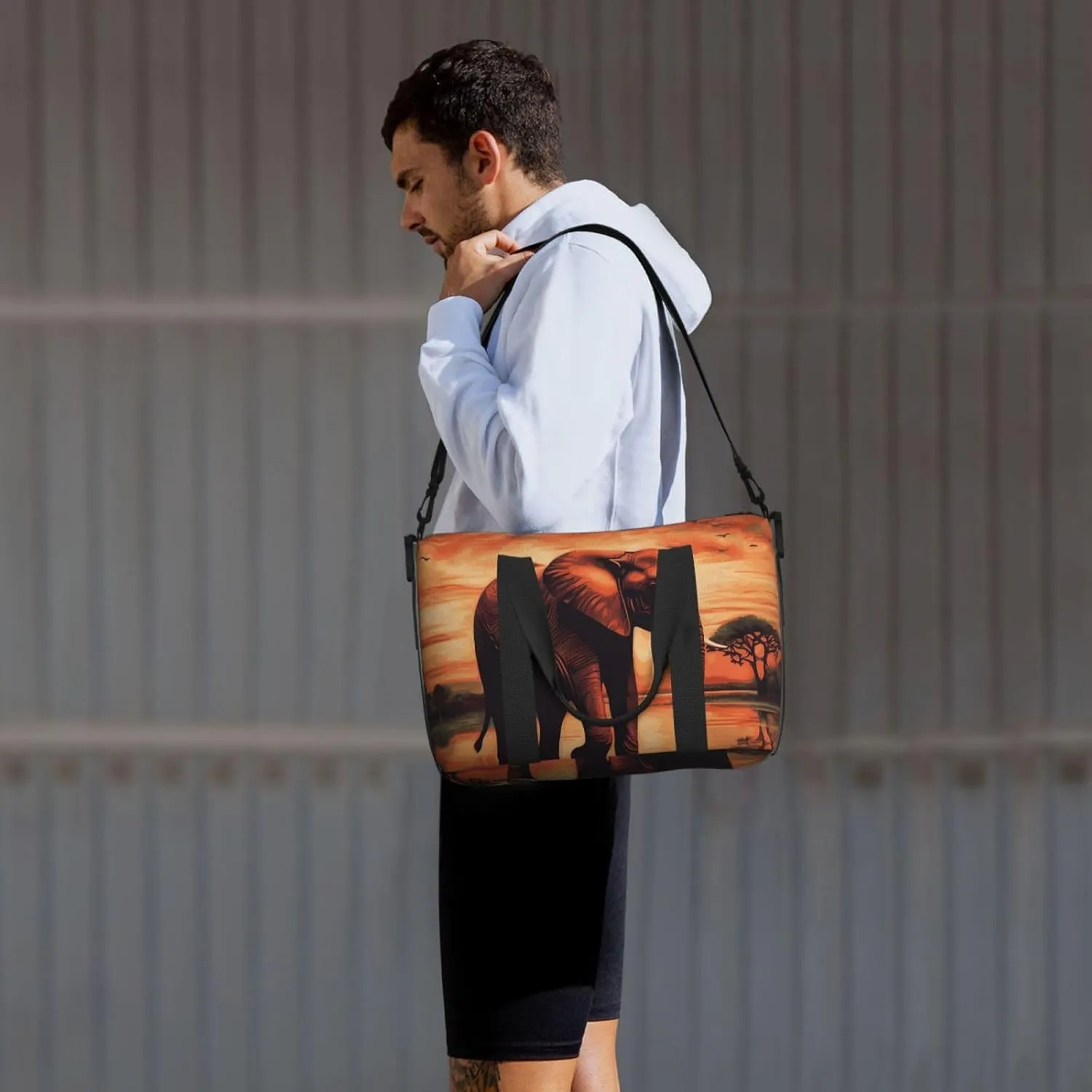 Sports Gym Bag for Women Men Travel Duffel Bag Tote Weekender Bag Carry on Overnight Bag for Travel Swimming Fitness Workout Sports Sunset elephant Duffle Bag