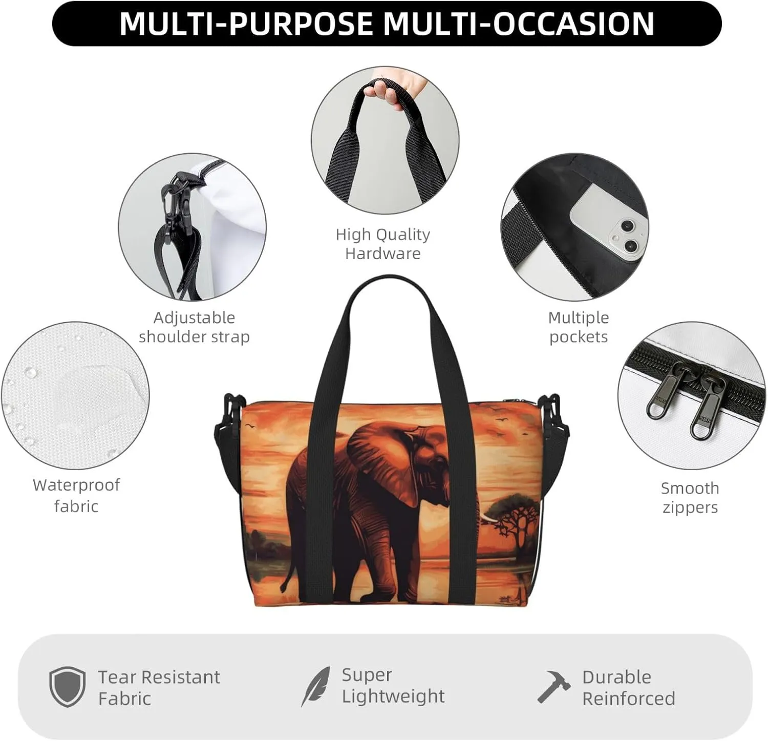 Sports Gym Bag for Women Men Travel Duffel Bag Tote Weekender Bag Carry on Overnight Bag for Travel Swimming Fitness Workout Sports Sunset elephant Duffle Bag
