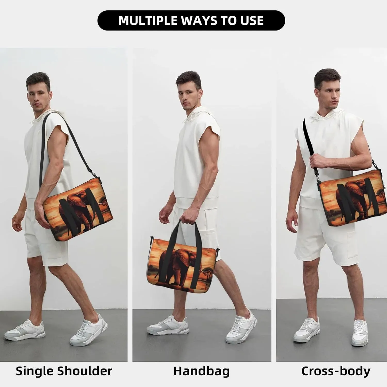 Sports Gym Bag for Women Men Travel Duffel Bag Tote Weekender Bag Carry on Overnight Bag for Travel Swimming Fitness Workout Sports Sunset elephant Duffle Bag