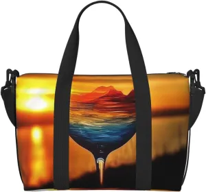 Sports Gym Bag for Women Men Travel Duffel Bag Tote Weekender Bag Carry on Overnight Bag for Travel Swimming Fitness Workout Sports Sunset Wine Glass Duffle Bag