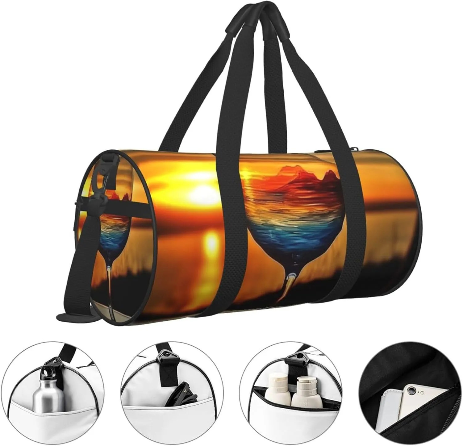 Sports Gym Bag for Women Men Travel Duffel Bag Tote Weekender Bag Carry on Overnight Bag for Travel Swimming Fitness Workout Sports Sunset Wine Glass Duffle Bag