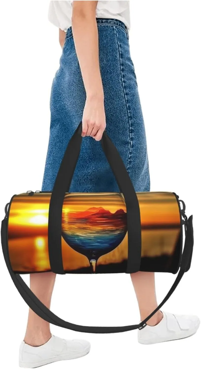 Sports Gym Bag for Women Men Travel Duffel Bag Tote Weekender Bag Carry on Overnight Bag for Travel Swimming Fitness Workout Sports Sunset Wine Glass Duffle Bag