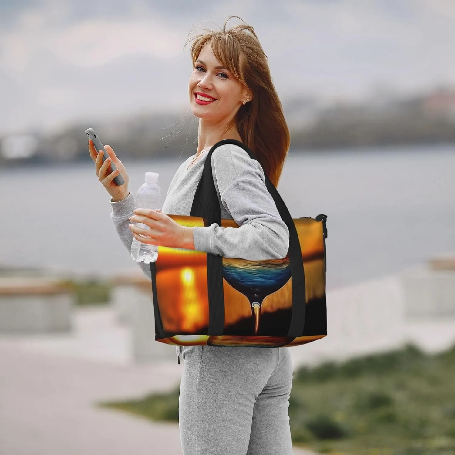 Sports Gym Bag for Women Men Travel Duffel Bag Tote Weekender Bag Carry on Overnight Bag for Travel Swimming Fitness Workout Sports Sunset Wine Glass Duffle Bag