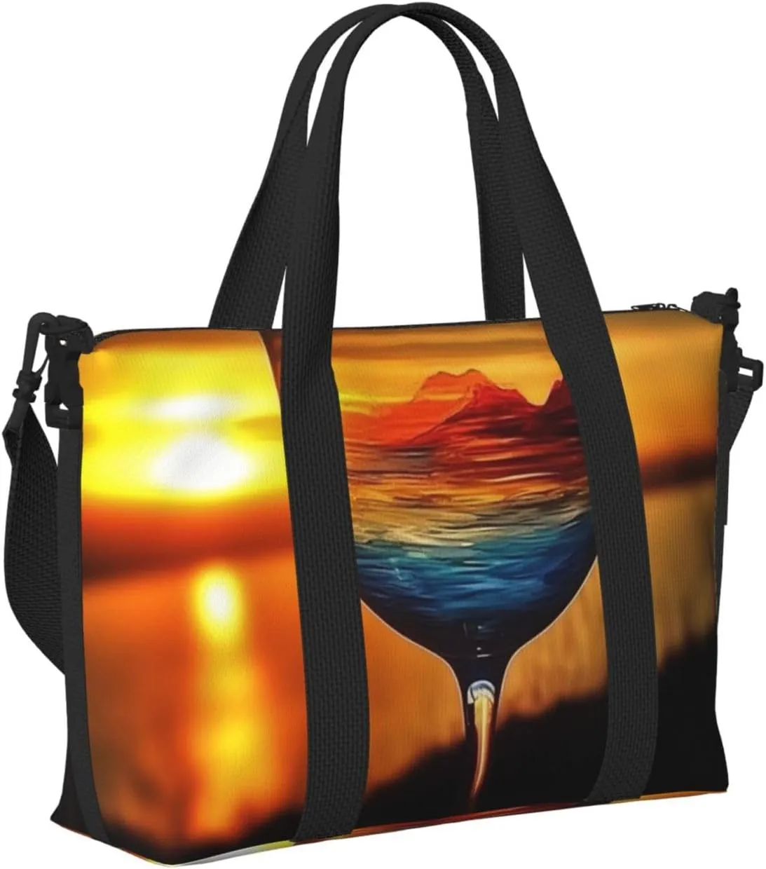 Sports Gym Bag for Women Men Travel Duffel Bag Tote Weekender Bag Carry on Overnight Bag for Travel Swimming Fitness Workout Sports Sunset Wine Glass Duffle Bag