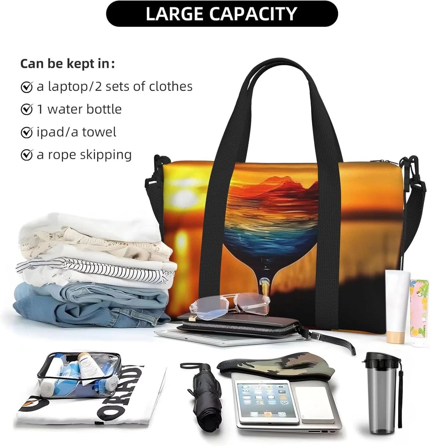 Sports Gym Bag for Women Men Travel Duffel Bag Tote Weekender Bag Carry on Overnight Bag for Travel Swimming Fitness Workout Sports Sunset Wine Glass Duffle Bag