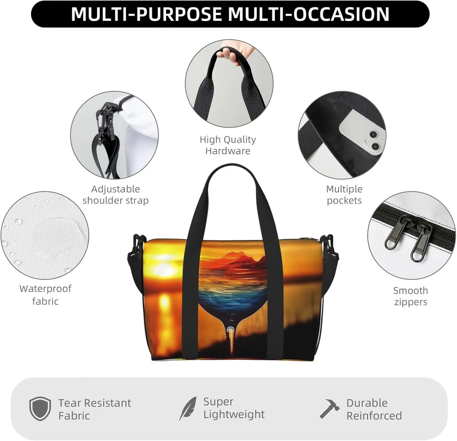 Sports Gym Bag for Women Men Travel Duffel Bag Tote Weekender Bag Carry on Overnight Bag for Travel Swimming Fitness Workout Sports Sunset Wine Glass Duffle Bag