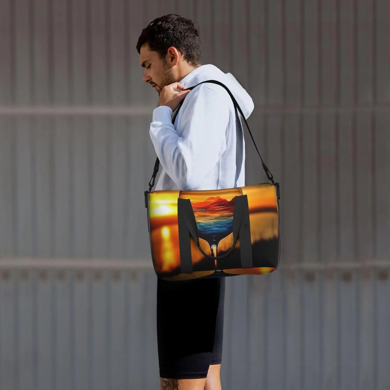 Sports Gym Bag for Women Men Travel Duffel Bag Tote Weekender Bag Carry on Overnight Bag for Travel Swimming Fitness Workout Sports Sunset Wine Glass Duffle Bag
