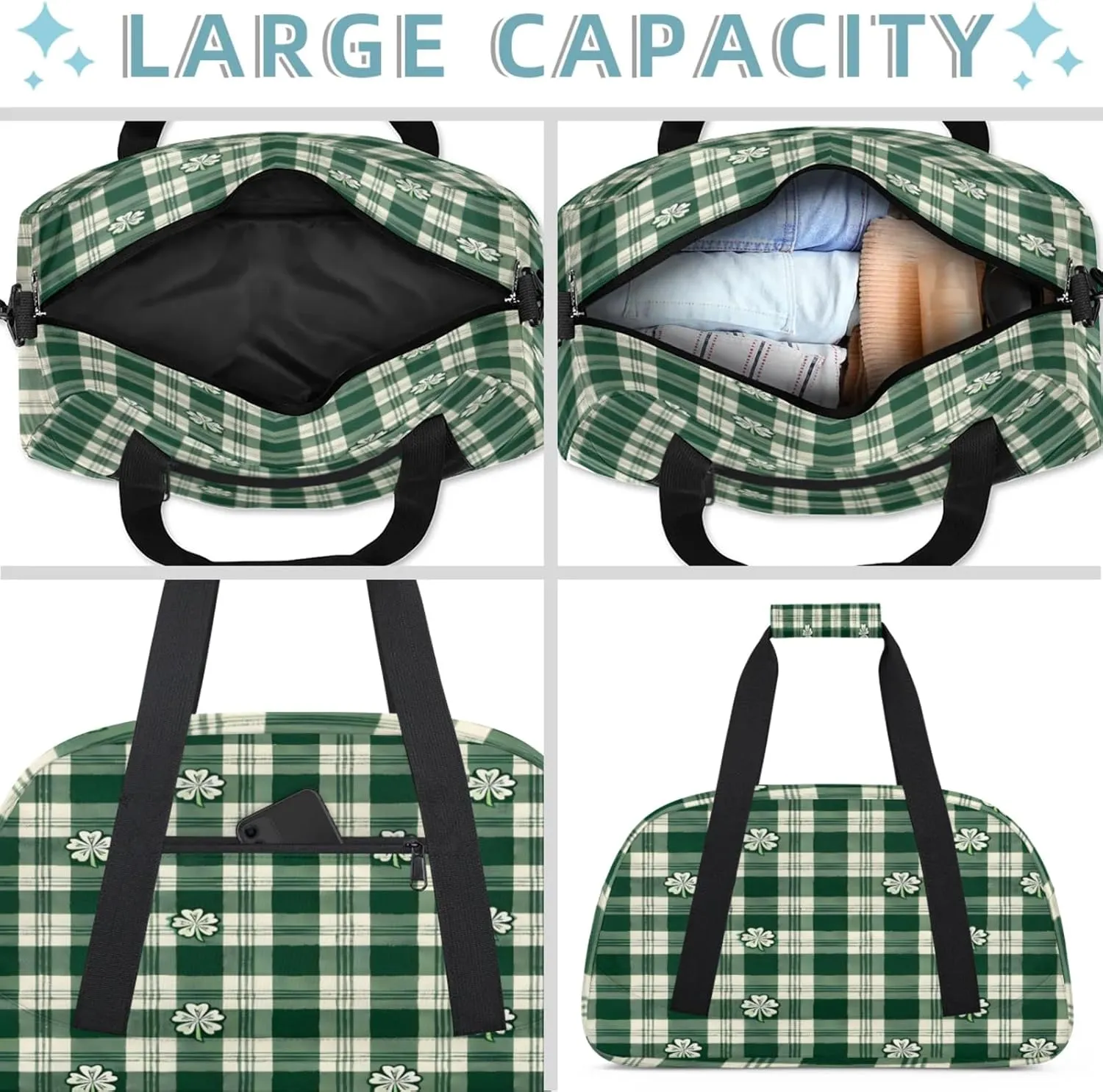 St. Patrick's Day Clover Shamrock Irish Small Gym Bag 18 inch Carry On Duffel Bag for Weekender Travel Sports Workout Yoga Gymnastics Dance Ballet
