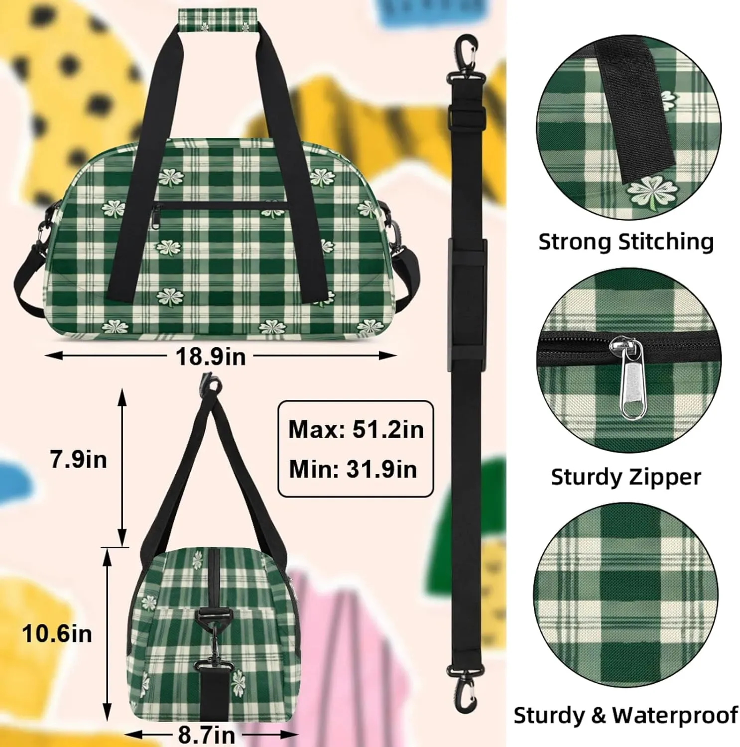 St. Patrick's Day Clover Shamrock Irish Small Gym Bag 18 inch Carry On Duffel Bag for Weekender Travel Sports Workout Yoga Gymnastics Dance Ballet