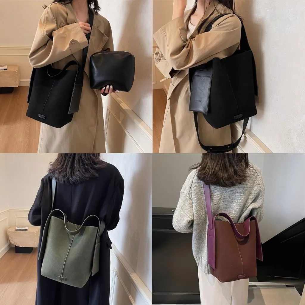 Stylish Bucket Bag with Adjustable Strap PU Leather Shoulder Crossbody Bags Casual Satchel Purse for Work or Travel