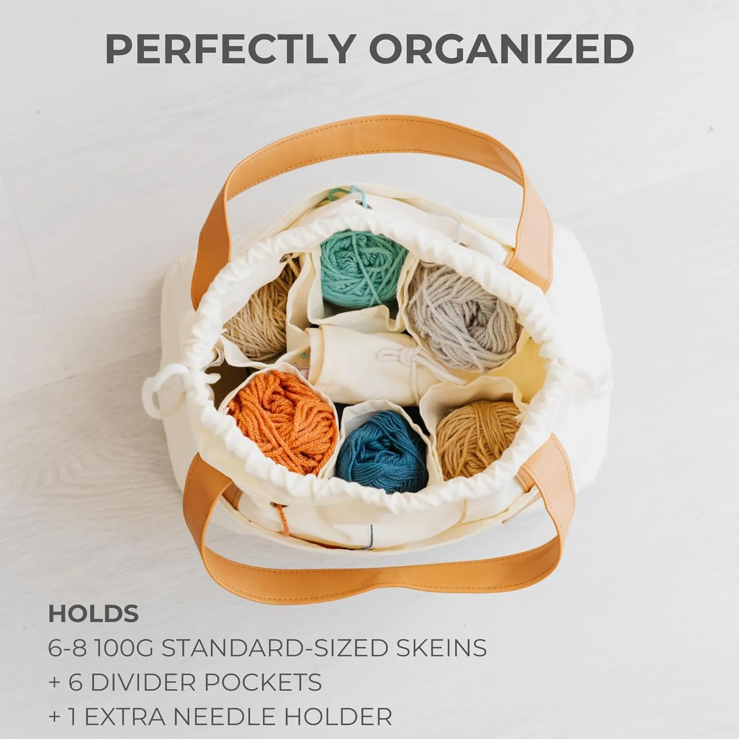 Stylish Crochet Bag Organizer Easily Organizes Your Yarn - Durable Canvas Bag w/ 8 Pockets Stores Plenty of Yarn Skeins & Crocheting Supplies/Accessories - Perfect Basket for Gifting to Knitting Fans