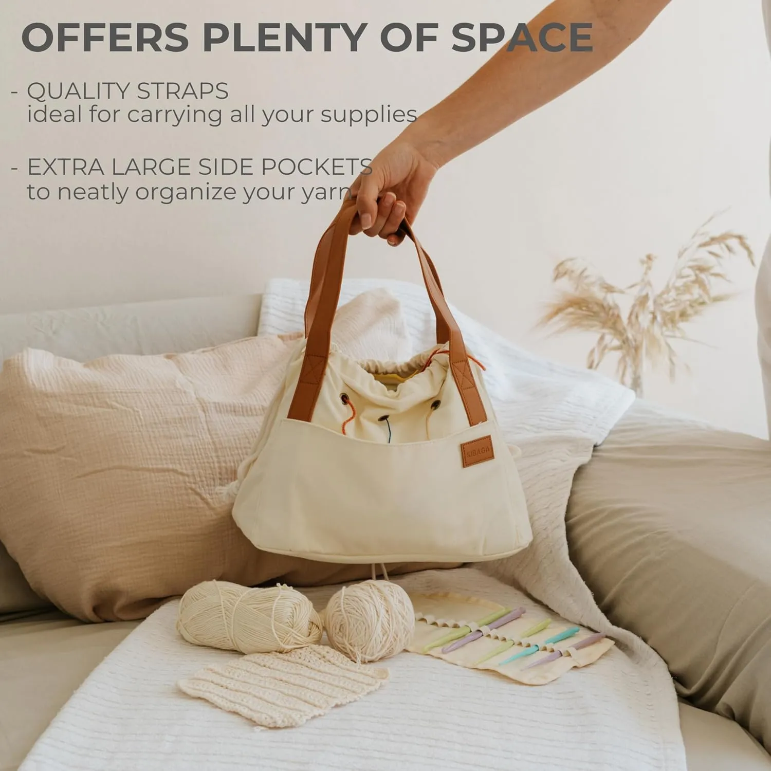 Stylish Crochet Bag Organizer Easily Organizes Your Yarn - Durable Canvas Bag w/ 8 Pockets Stores Plenty of Yarn Skeins & Crocheting Supplies/Accessories - Perfect Basket for Gifting to Knitting Fans