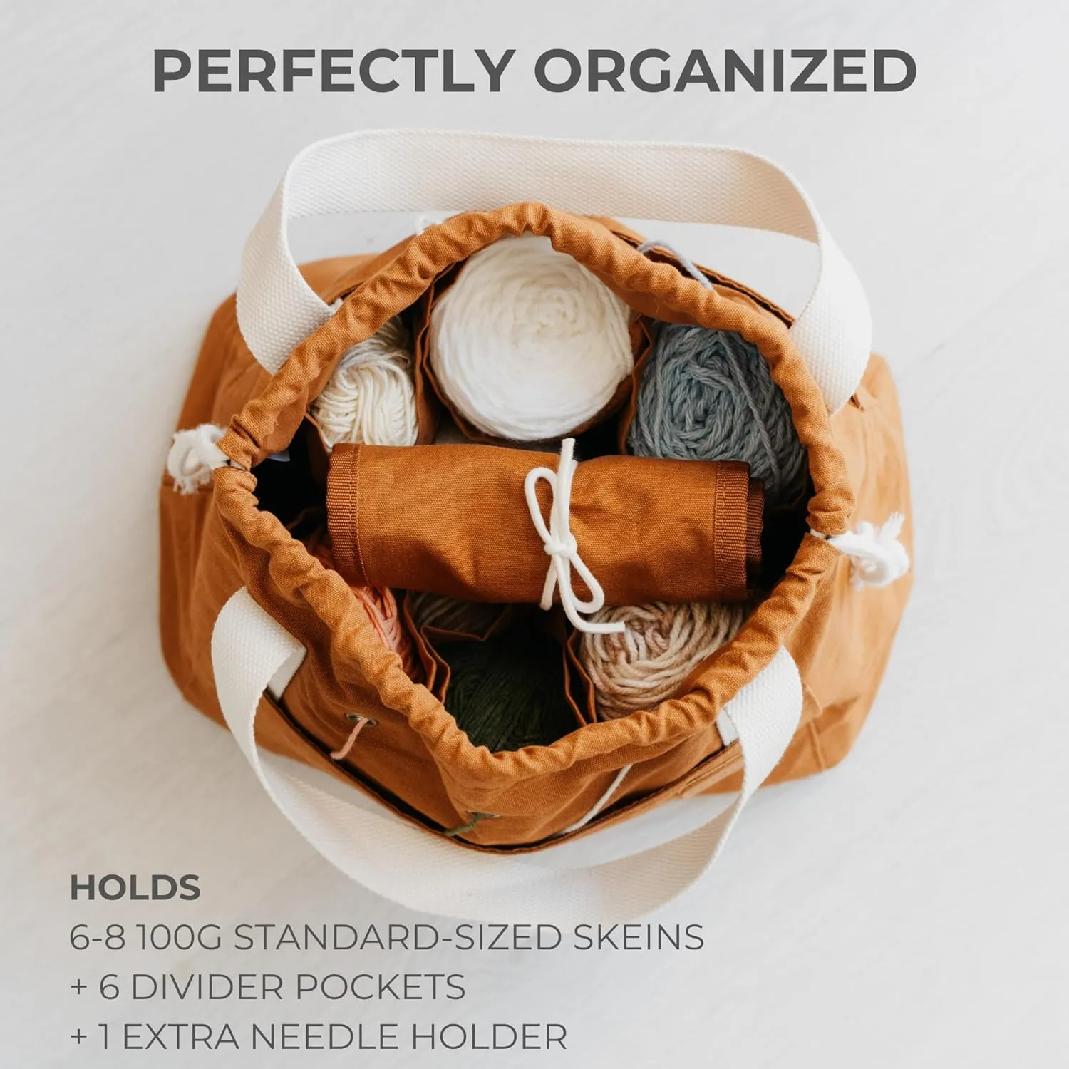Stylish Crochet Bag Organizer Easily Organizes Your Yarn - Durable Canvas Bag w/ 8 Pockets Stores Plenty of Yarn Skeins and Knitting Supplies/Accessories - Perfect Basket for Gifting to Knitting Fans
