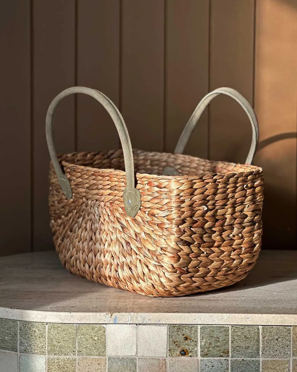 Suede Handle Harvest Basket Sage - Large