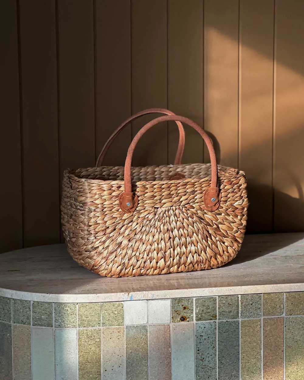 Suede Handle Harvest Basket Tan - Large