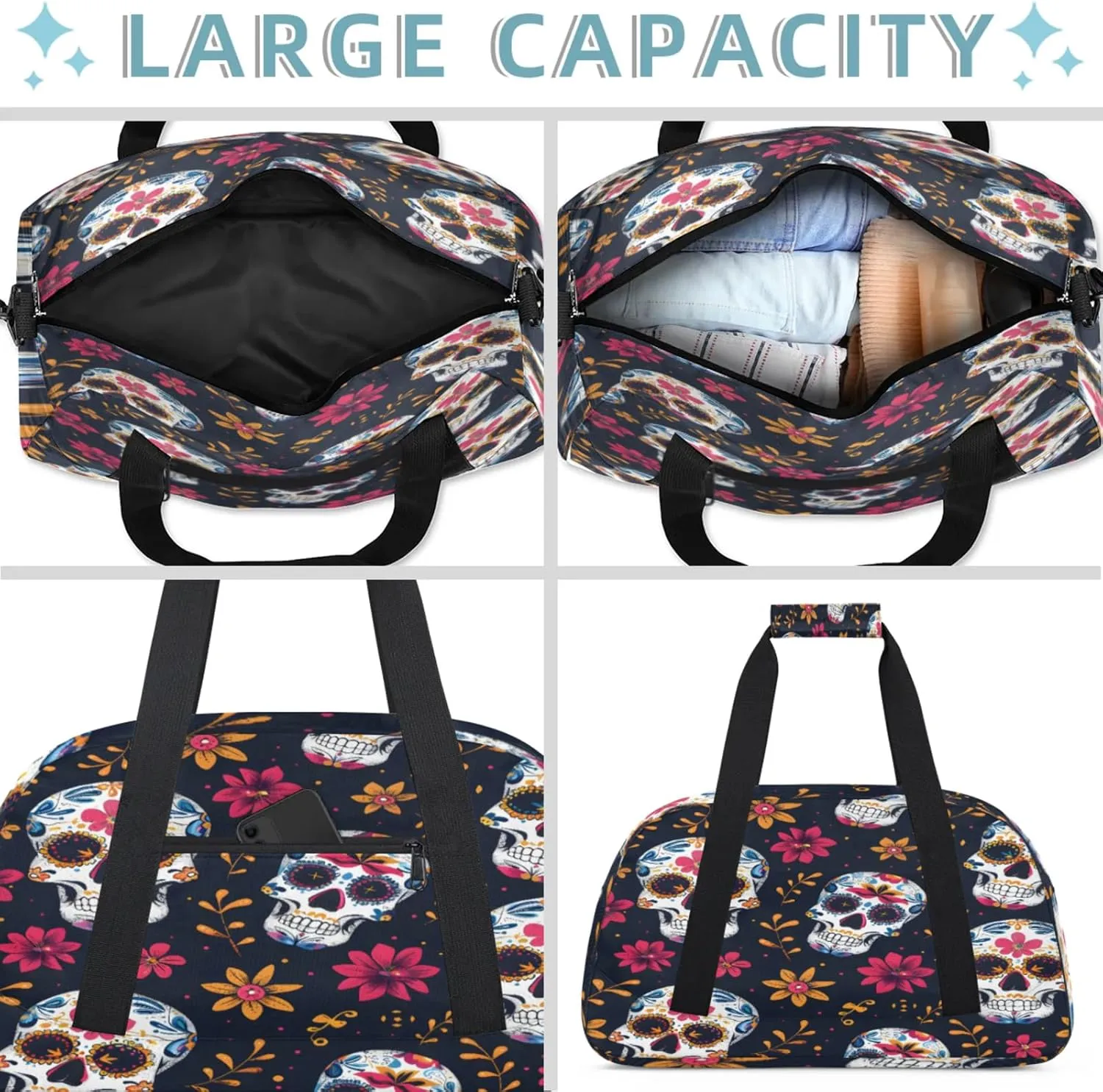 Sugar Skull Flowers Small Gym Bag 18 inch Carry On Duffel Bag for Weekender Travel Sports Workout Yoga Gymnastics Dance Ballet