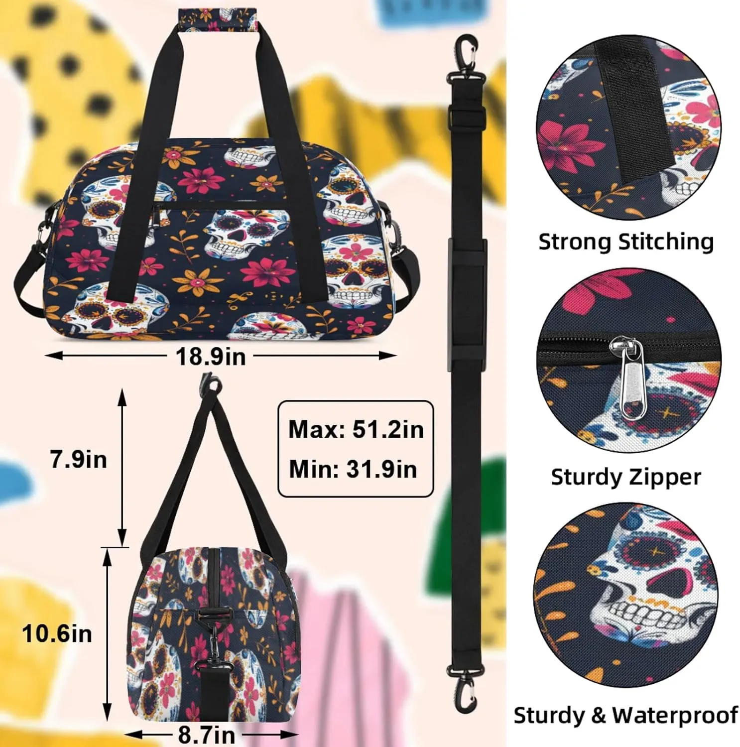 Sugar Skull Flowers Small Gym Bag 18 inch Carry On Duffel Bag for Weekender Travel Sports Workout Yoga Gymnastics Dance Ballet
