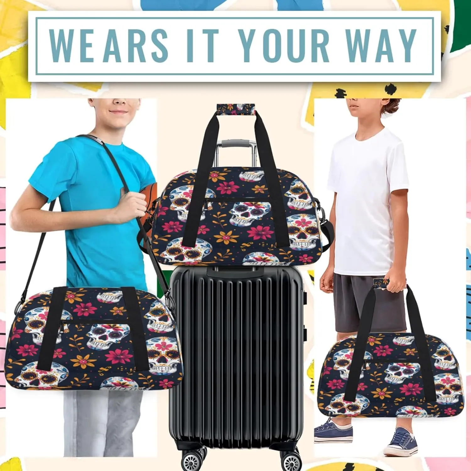 Sugar Skull Flowers Small Gym Bag 18 inch Carry On Duffel Bag for Weekender Travel Sports Workout Yoga Gymnastics Dance Ballet