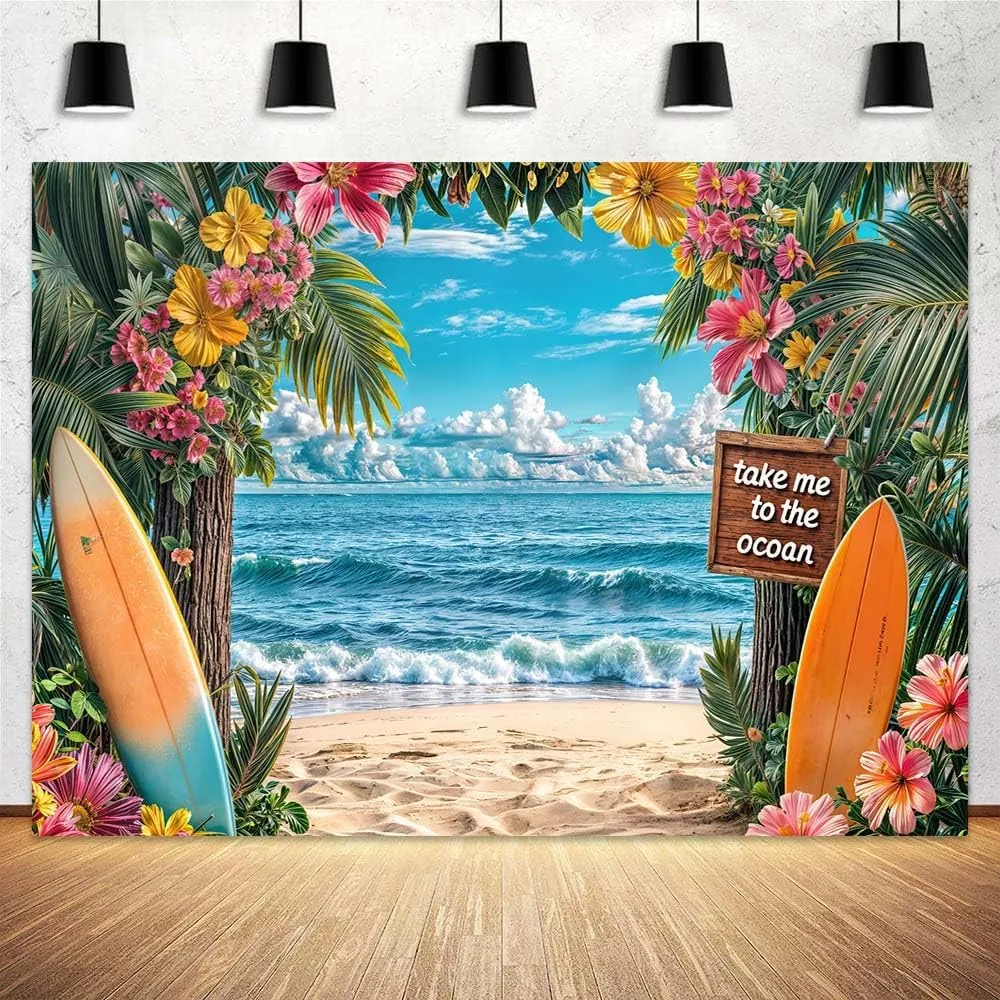 Summer Hawaiian Beach Backdrop, Ocean Tropical Flower Palm Leaves Surfboard Leaves Photography Background, Sea Seaside Sunset Scenery Garage Luau Aloha Party Banner Decorations 7X5FT