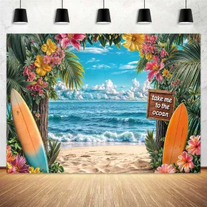 Summer Hawaiian Beach Backdrop, Ocean Tropical Flower Palm Leaves Surfboard Leaves Photography Background, Sea Seaside Sunset Scenery Garage Luau Aloha Party Banner Decorations 7X5FT