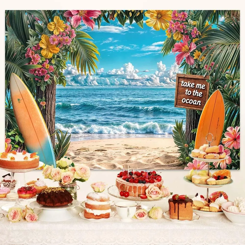 Summer Hawaiian Beach Backdrop, Ocean Tropical Flower Palm Leaves Surfboard Leaves Photography Background, Sea Seaside Sunset Scenery Garage Luau Aloha Party Banner Decorations 7X5FT
