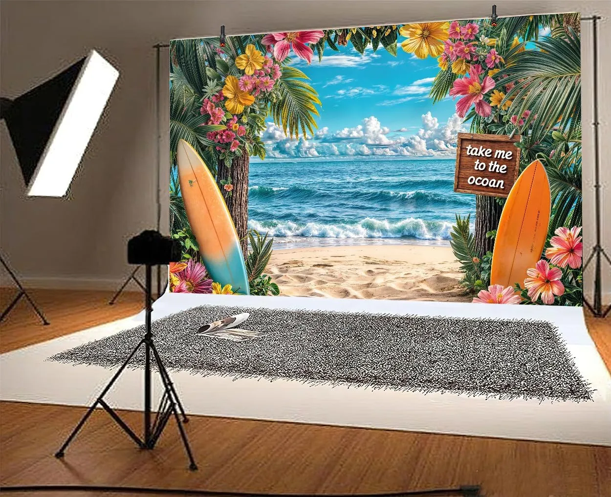 Summer Hawaiian Beach Backdrop, Ocean Tropical Flower Palm Leaves Surfboard Leaves Photography Background, Sea Seaside Sunset Scenery Garage Luau Aloha Party Banner Decorations 7X5FT