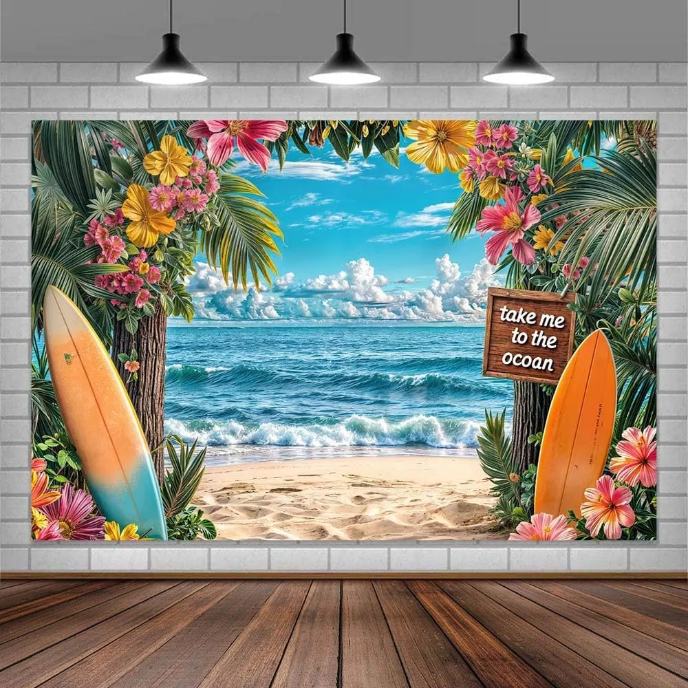 Summer Hawaiian Beach Backdrop, Ocean Tropical Flower Palm Leaves Surfboard Leaves Photography Background, Sea Seaside Sunset Scenery Garage Luau Aloha Party Banner Decorations 7X5FT