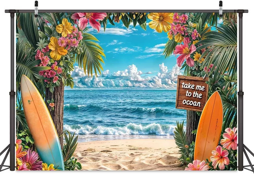 Summer Hawaiian Beach Backdrop, Ocean Tropical Flower Palm Leaves Surfboard Leaves Photography Background, Sea Seaside Sunset Scenery Garage Luau Aloha Party Banner Decorations 7X5FT