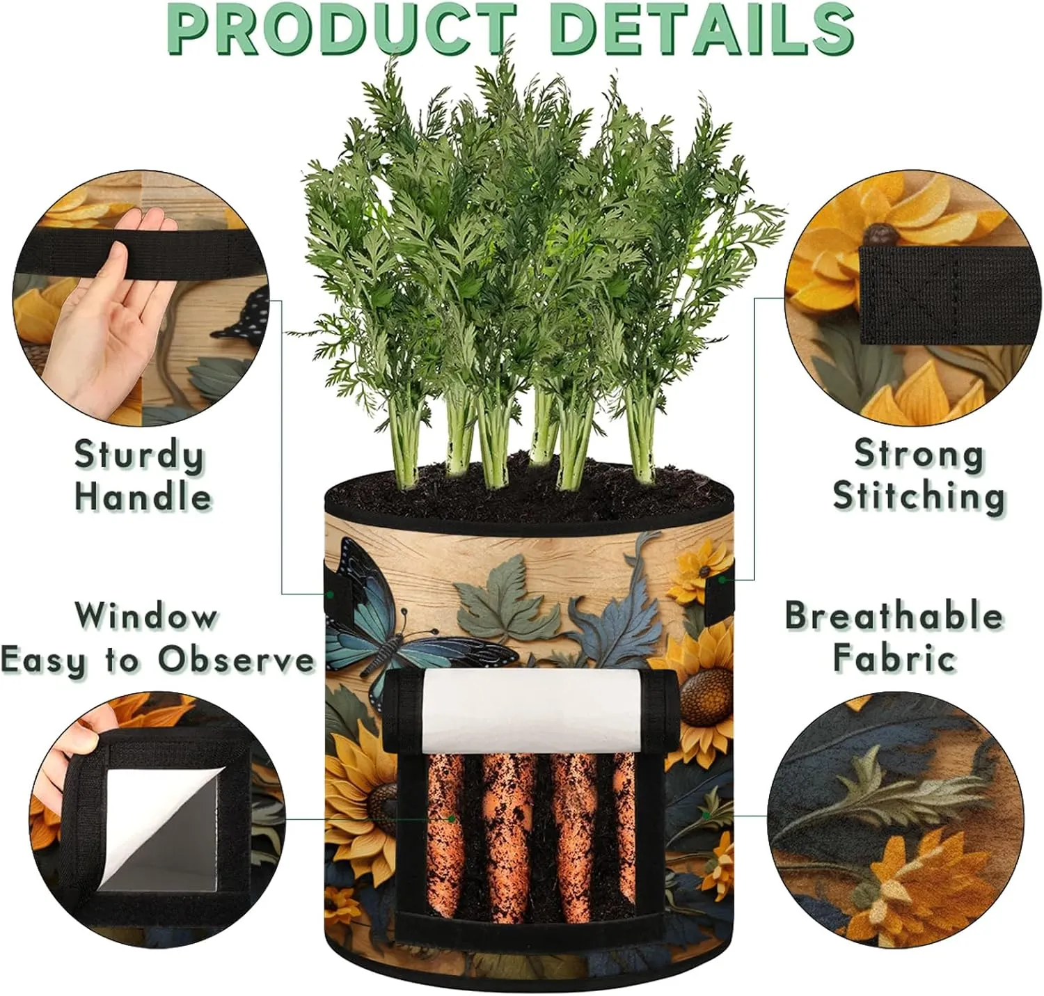 Sunflower Flowers Grow Bags 7 Gallon Thickened Nonwoven Plant Pot Vegetables Potato Fruit Plant Grow Bag with Handle Garden Plant Bag Outdoor 2 Pack