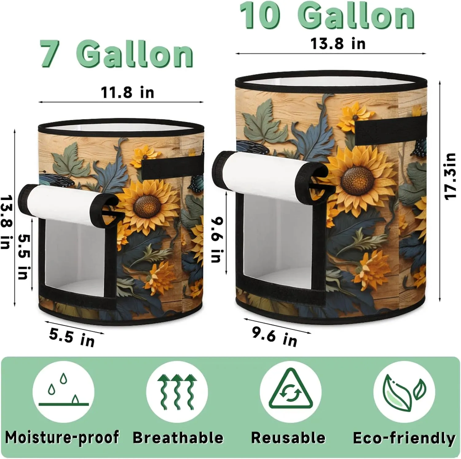 Sunflower Flowers Grow Bags 7 Gallon Thickened Nonwoven Plant Pot Vegetables Potato Fruit Plant Grow Bag with Handle Garden Plant Bag Outdoor 2 Pack