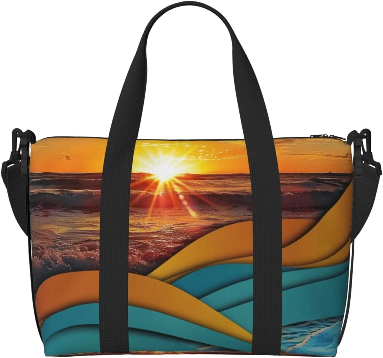 Sunset and Sunrise with Ocean Sea Waves Printed Travel Duffel Bag for Men Women Shoulder Weekender Overnight Bags for for Beach Swim Sports Gym