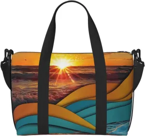 Sunset and Sunrise with Ocean Sea Waves Printed Travel Duffel Bag for Men Women Shoulder Weekender Overnight Bags for for Beach Swim Sports Gym