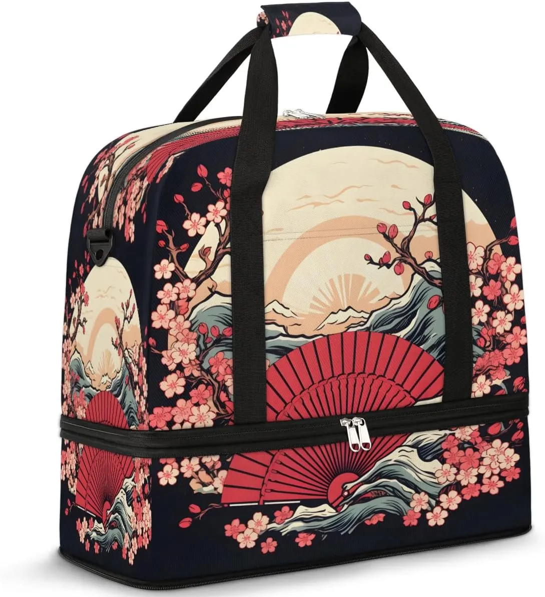 Sunset Cherry Blossoms Waves Travel Duffel Bag, Travel Essentials, Gym Bag for Women, Weekender Overnight Bag With Shoes Compartment, Carry On Bags for Airplanes