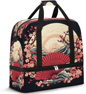Sunset Cherry Blossoms Waves Travel Duffel Bag, Travel Essentials, Gym Bag for Women, Weekender Overnight Bag With Shoes Compartment, Carry On Bags for Airplanes